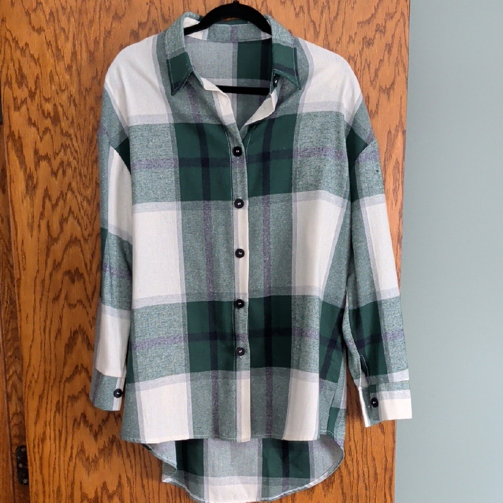 Green and White Plaid Button-Up Shirt
